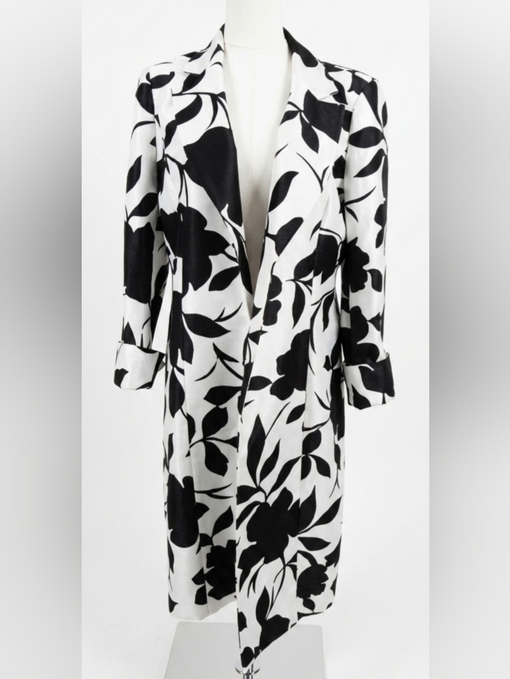 NWOT Le Suit Black and Off White Floral Long Coat Size 14 - Picture 2 of 16